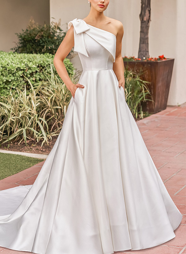 A-Line One-Shoulder Sleeveless Sweep Train Satin Wedding Dresses With Bow(s)