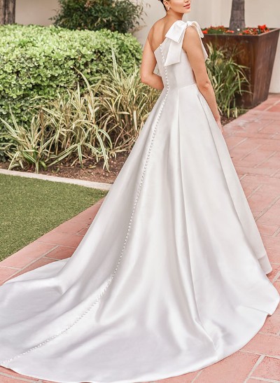 A-Line One-Shoulder Sleeveless Sweep Train Satin Wedding Dresses With Bow(s)