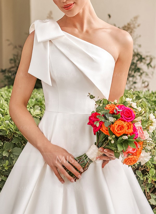 A-Line One-Shoulder Sleeveless Sweep Train Satin Wedding Dresses With Bow(s)