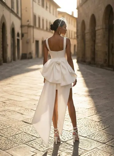 A-Line Square Neckline Sleeveless Short/Mini Satin Wedding Dresses With Bow(s)