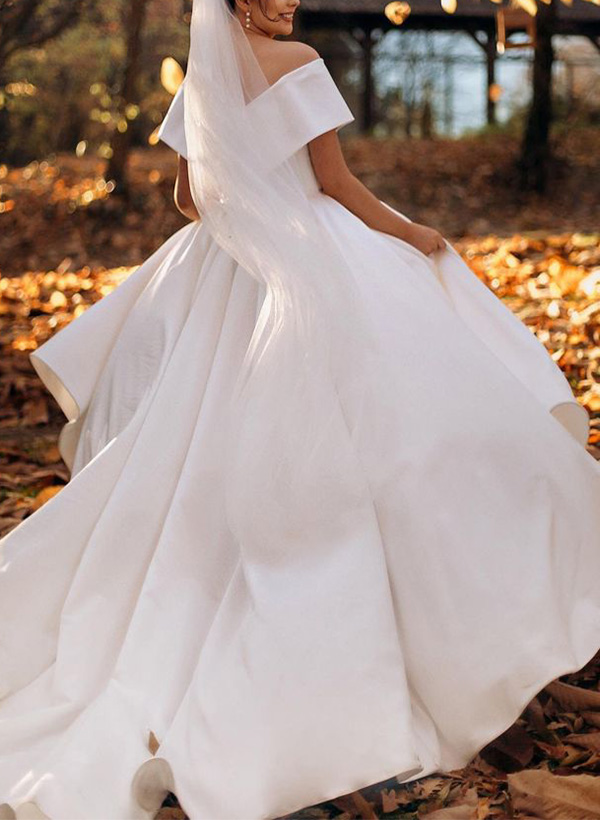 A-Line Off-The-Shoulder Sleeveless Sweep Train Satin Wedding Dresses