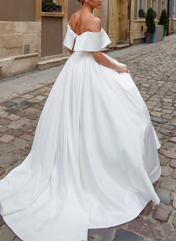 A-Line Off-The-Shoulder Sleeveless Sweep Train Satin Wedding Dresses