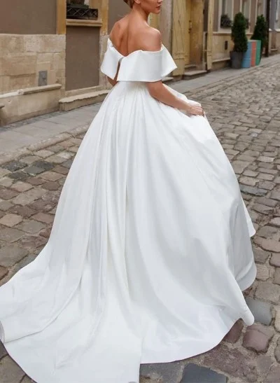 Ball-Gown Off-The-Shoulder Sleeveless Sweep Train Satin Wedding Dresses