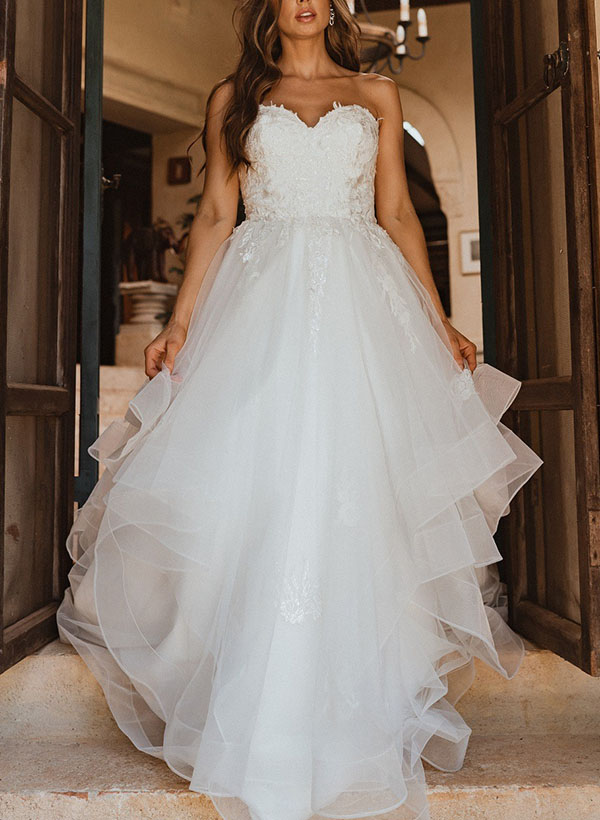 Ball-Gown Sweetheart Sleeveless Tulle Wedding Dresses With Appliques Lace