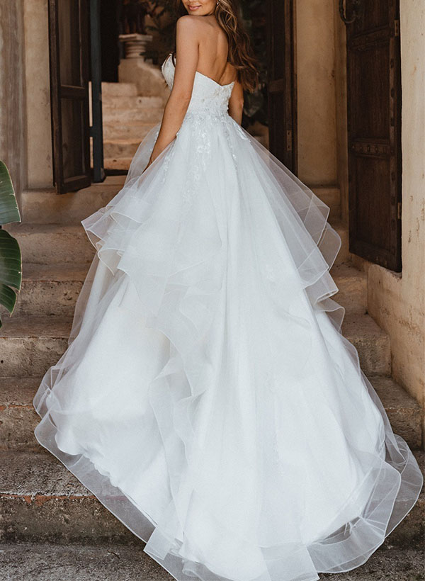 Ball-Gown Sweetheart Sleeveless Tulle Wedding Dresses With Appliques Lace