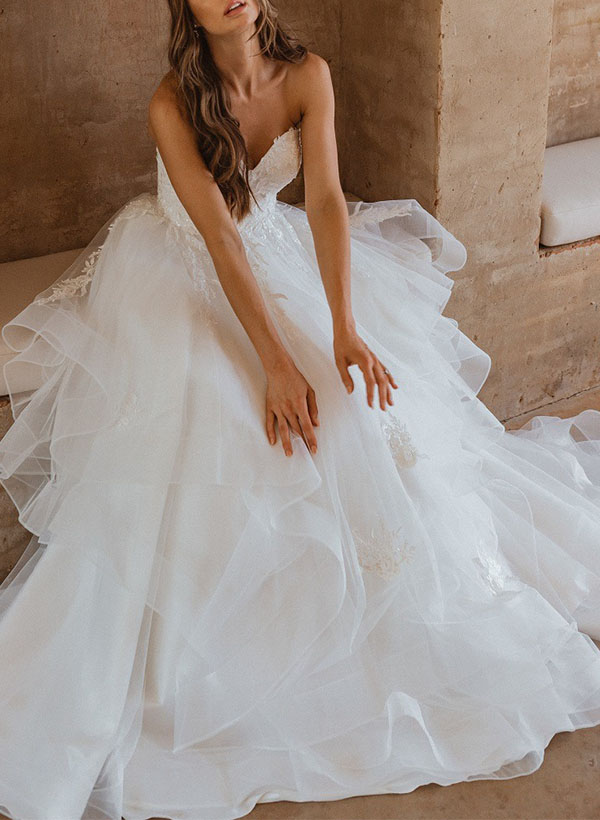 Ball-Gown Sweetheart Sleeveless Tulle Wedding Dresses With Appliques Lace