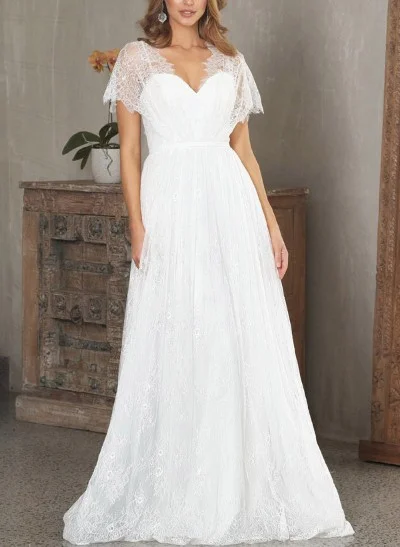 A-Line V-Neck Sleeveless Sweep Train Lace Wedding Dresses
