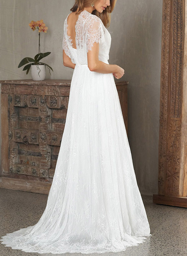 A-Line V-Neck Sleeveless Sweep Train Lace Wedding Dresses