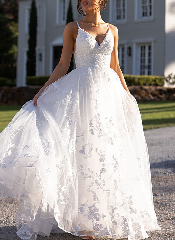 Ball-Gown V-Neck Sleeveless Tulle Wedding Dresses With Appliques Lace