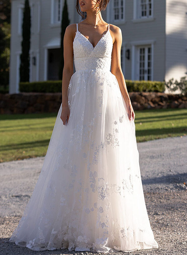 Ball-Gown V-Neck Sleeveless Tulle Wedding Dresses With Appliques Lace