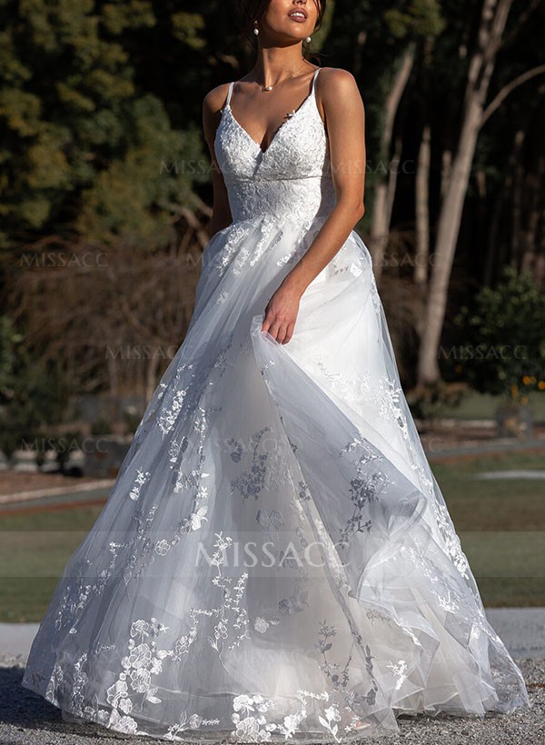 Ball-Gown V-Neck Sleeveless Tulle Wedding Dresses With Appliques Lace