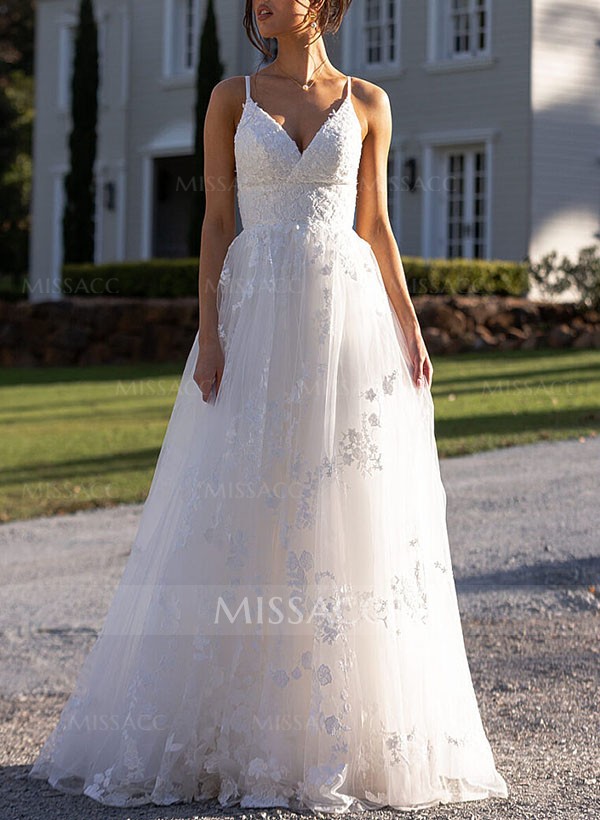 Ball-Gown V-Neck Sleeveless Tulle Wedding Dresses With Appliques Lace