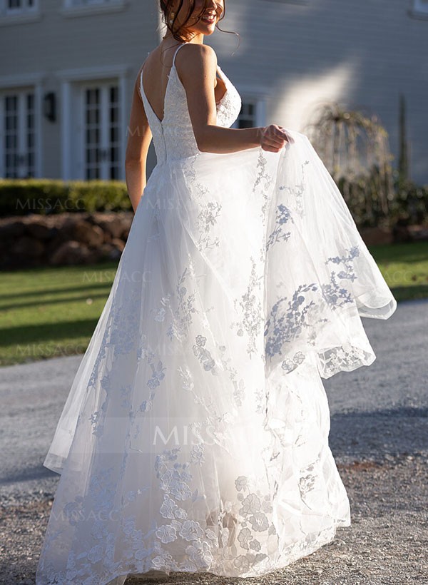 Ball-Gown V-Neck Sleeveless Tulle Wedding Dresses With Appliques Lace