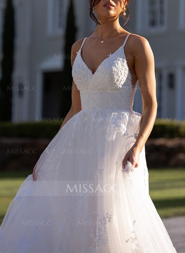 Ball-Gown V-Neck Sleeveless Tulle Wedding Dresses With Appliques Lace