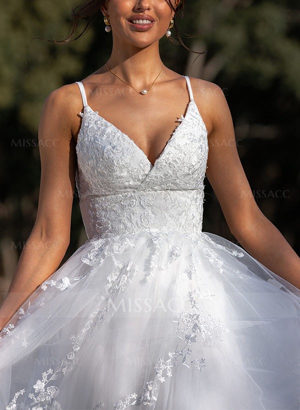 Ball-Gown V-Neck Sleeveless Tulle Wedding Dresses With Appliques Lace