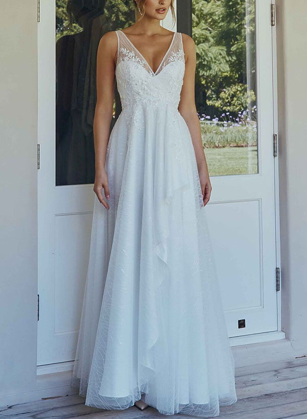 A-Line V-Neck Sleeveless Tulle Wedding Dresses With Appliques Lace