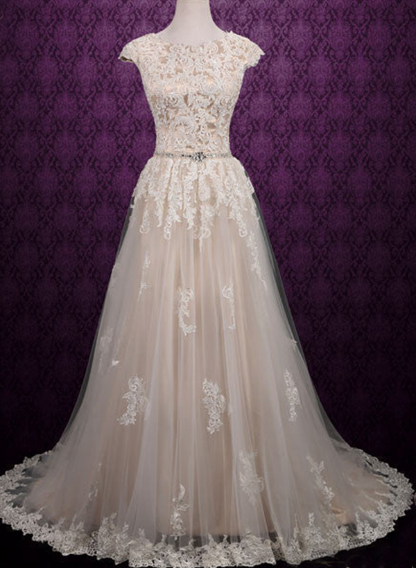 A-Line Scoop Neck Sleeveless Lace Wedding Dresses With Appliques Lace