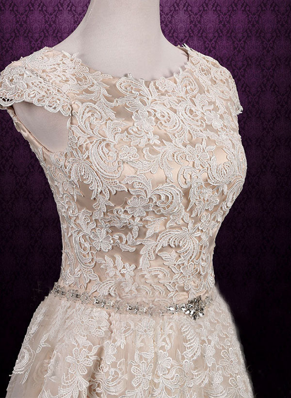 A-Line Scoop Neck Sleeveless Lace Wedding Dresses With Appliques Lace