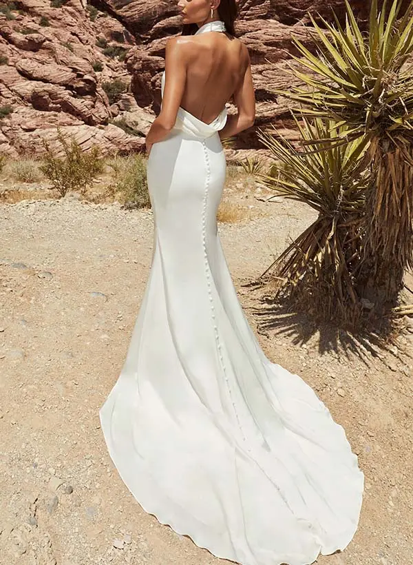 navy blue dress for baby girl Missacc Ivory Bride Sheath/Column Halter Silk Like Satin Wedding Dresses with Back Hole