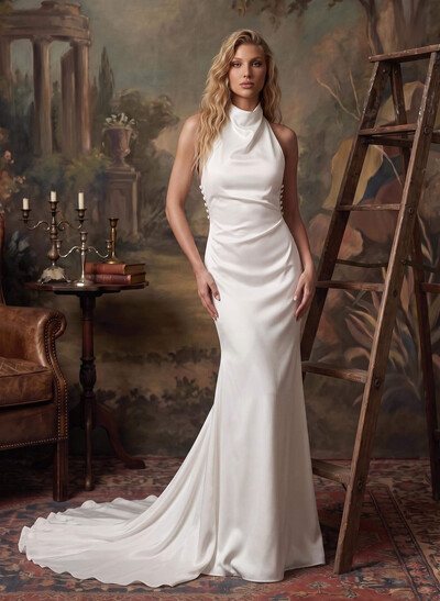 Sheath/Column Halter Silk Like Satin Wedding Dresses With Back Hole