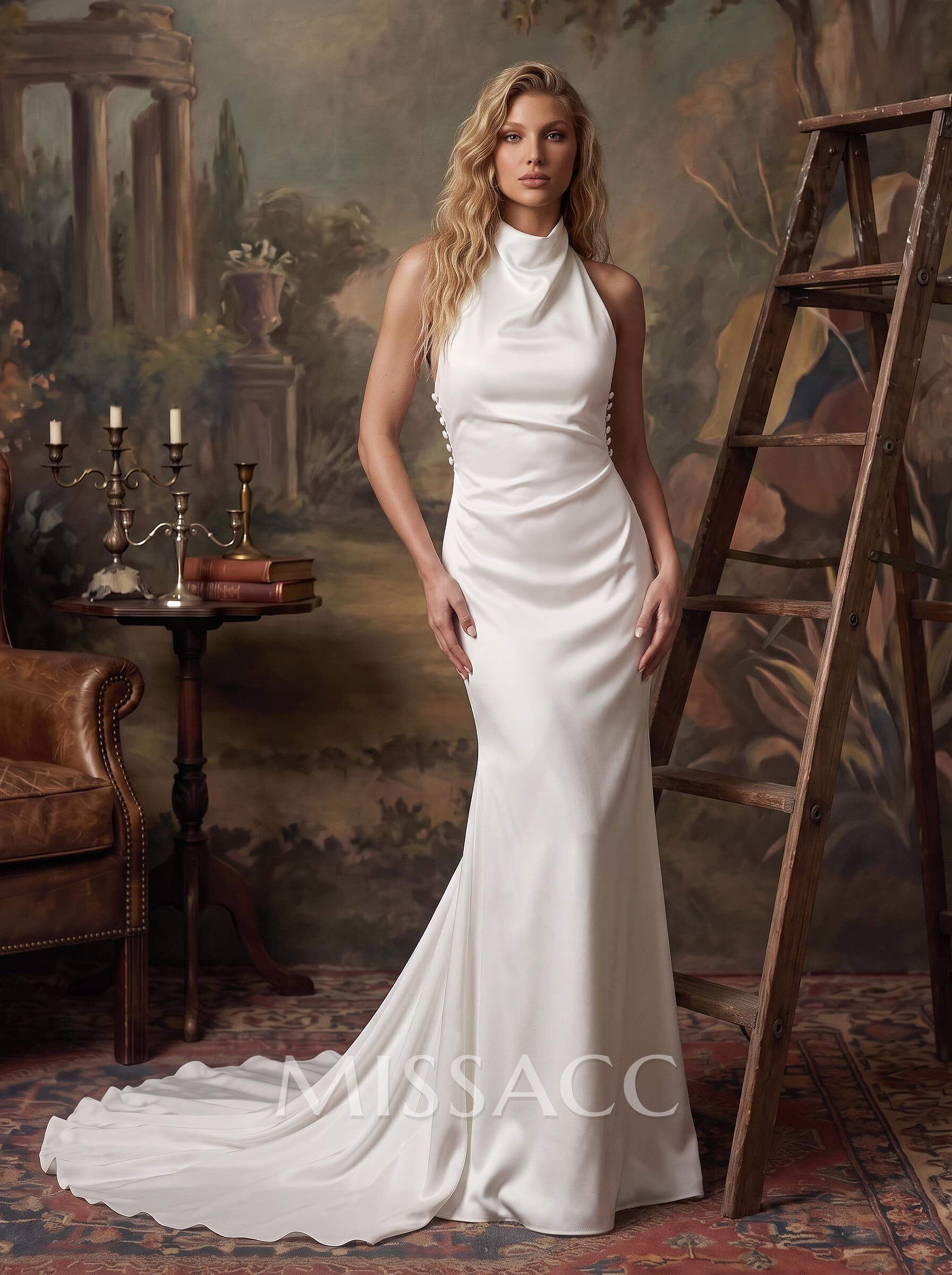 Sheath/Column Halter Silk Like Satin Wedding Dresses With Back Hole