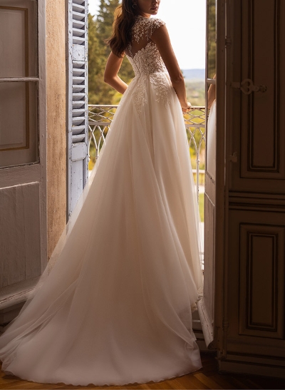 A-Line Illusion Neck Short Sleeves Tulle Wedding Dresses With High Split