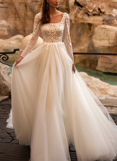 A-Line Square Neckline Tulle Wedding Dresses With Appliques Lace