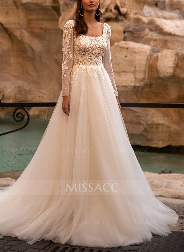 A-Line Square Neckline Tulle Wedding Dresses With Appliques Lace