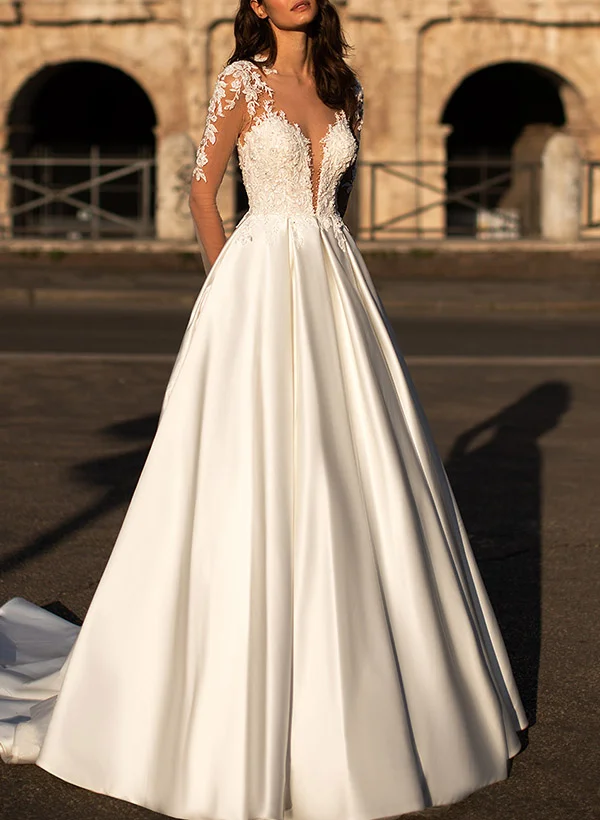 Ball-Gown V-Neck Long Sleeves Satin Wedding Dresses With Appliques Lace ...