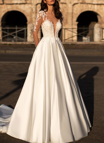 Ball-Gown V-Neck Long Sleeves Satin Wedding Dresses With Appliques Lace