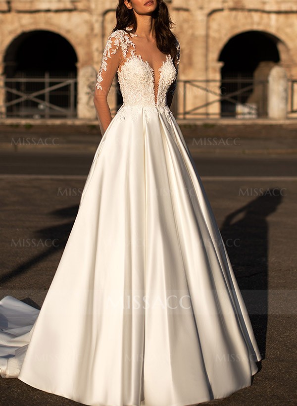 Ball-Gown V-Neck Long Sleeves Satin Wedding Dresses With Appliques Lace