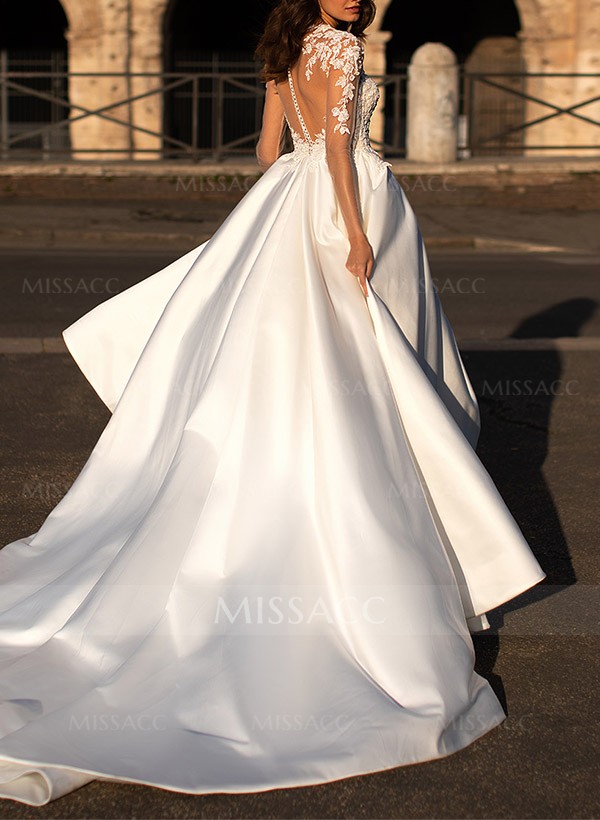 Ball-Gown V-Neck Long Sleeves Satin Wedding Dresses With Appliques Lace