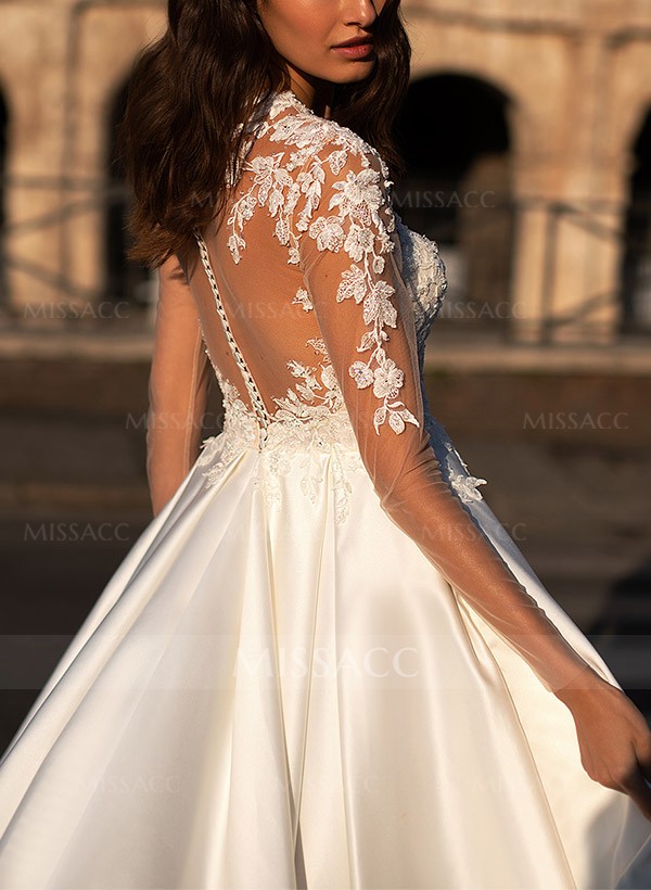 Ball-Gown V-Neck Long Sleeves Satin Wedding Dresses With Appliques Lace