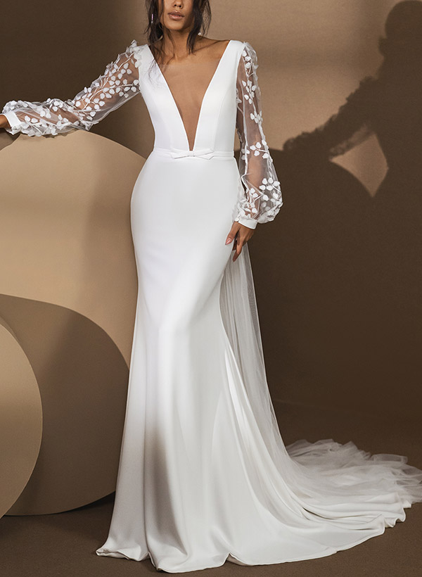 Trumpet/Mermaid V-Neck Long Sleeves Elastic Satin Wedding Dresses With Lace