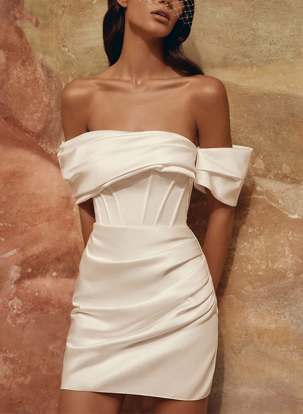 Sheath/Column Off-The-Shoulder Detachable Satin Wedding Dresses
