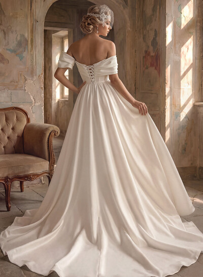 Sheath/Column Off-The-Shoulder Detachable Satin Wedding Dresses