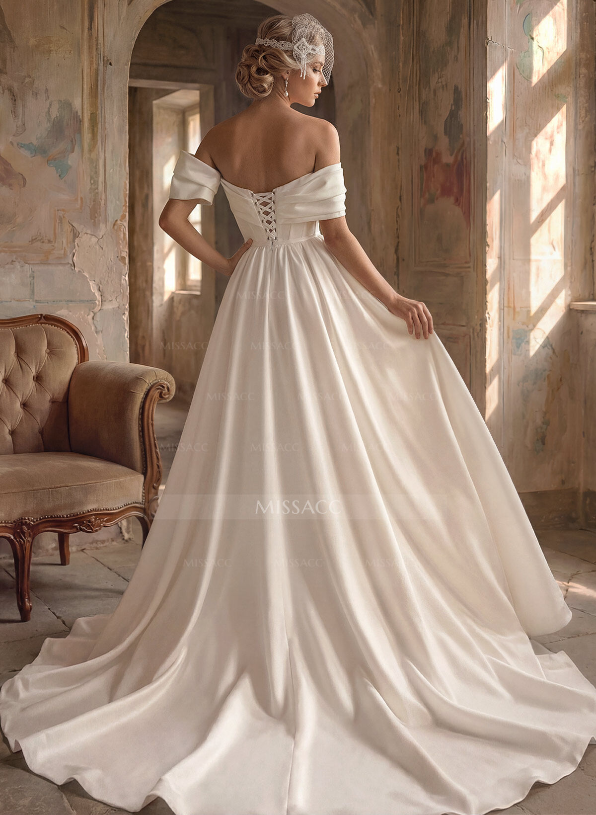 Sheath/Column Off-The-Shoulder Detachable Satin Wedding Dresses