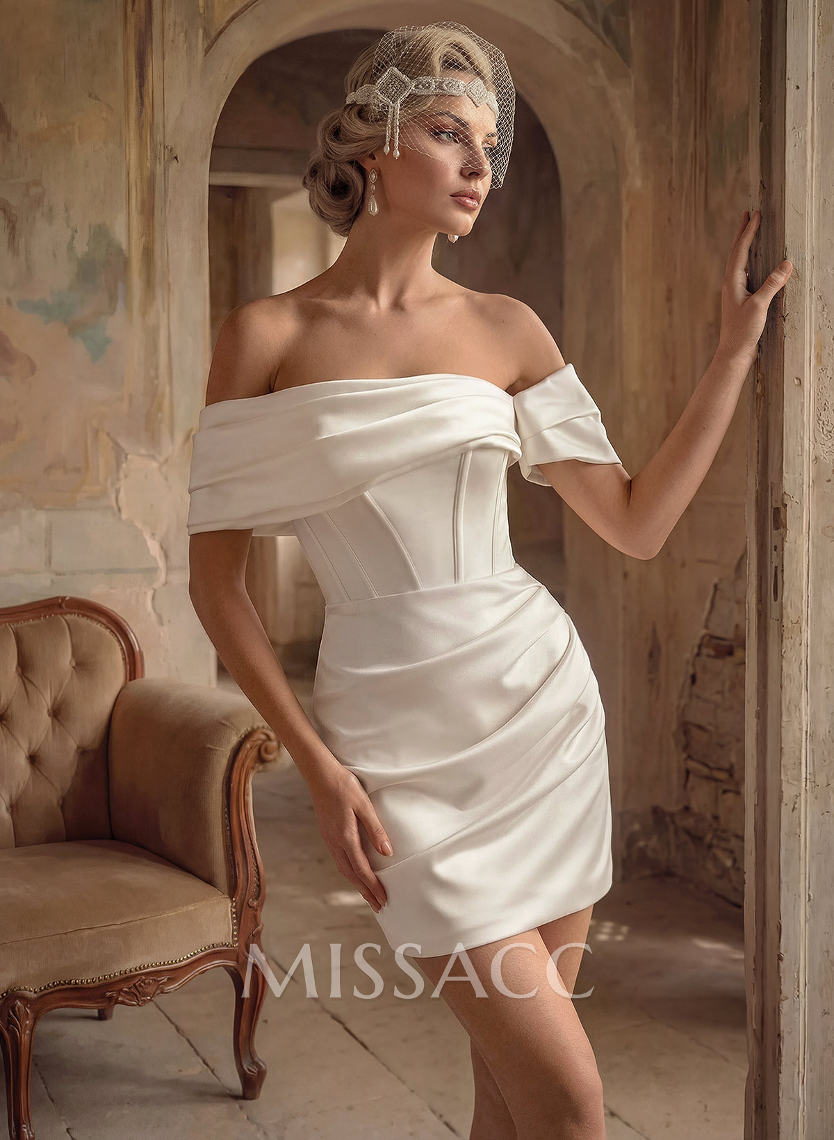 Sheath/Column Off-The-Shoulder Detachable Satin Wedding Dresses Sheath/Column Off-The-Shoulder Detachable Satin Wedding Dresses