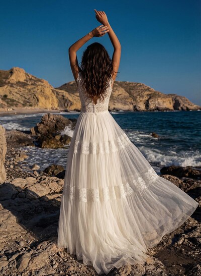 A-Line V-Neck Sleeveless Sweep Train Lace Wedding Dresses