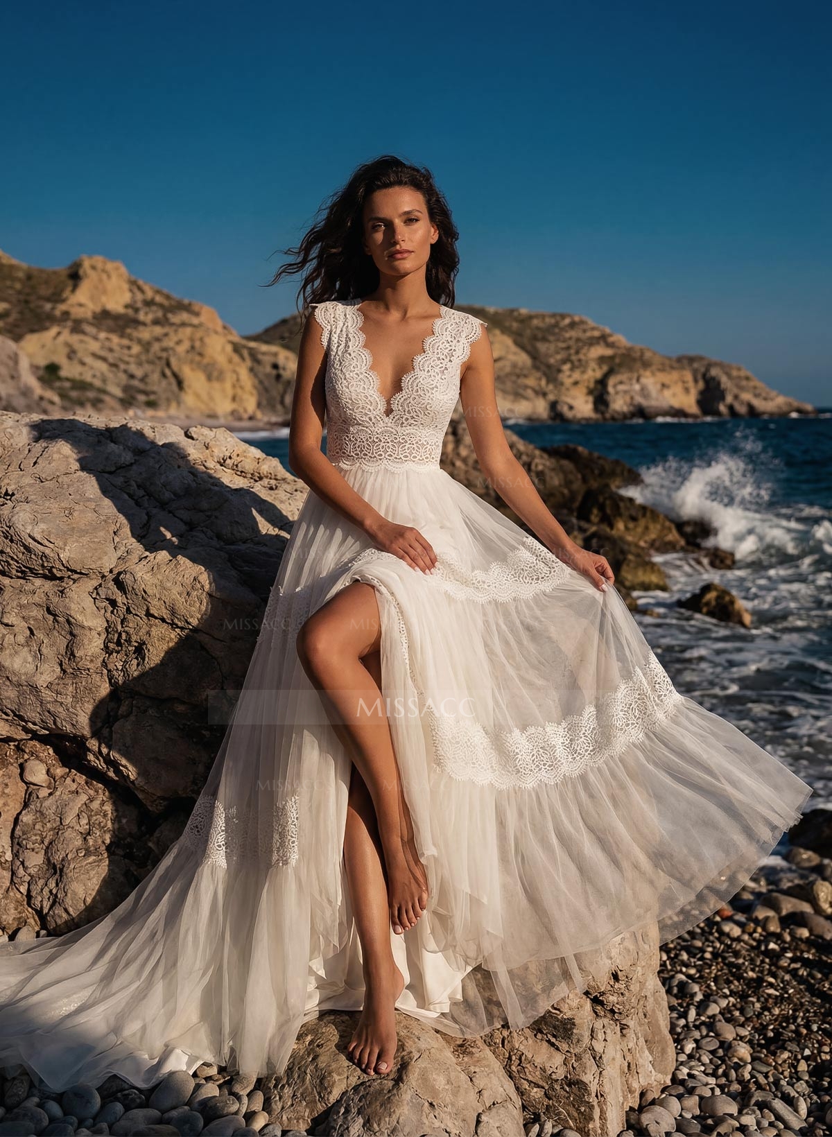 A-Line V-Neck Sleeveless Sweep Train Lace Wedding Dresses