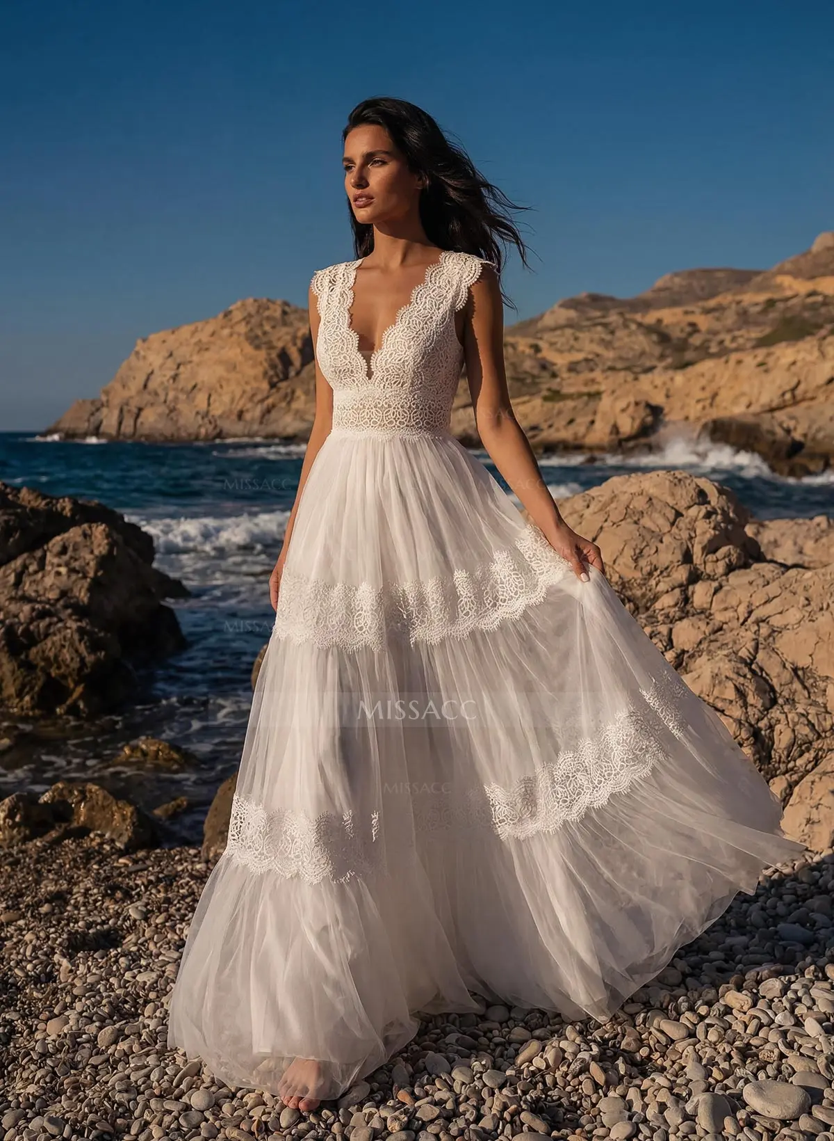A-Line V-Neck Sleeveless Sweep Train Lace Wedding Dresses - Missacc