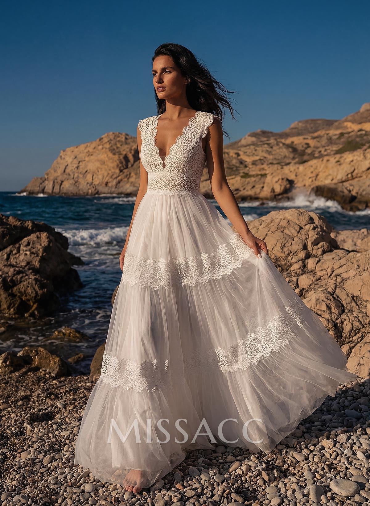 A-Line V-Neck Sleeveless Sweep Train Lace Wedding Dresses A-Line V-Neck Sleeveless Sweep Train Lace Wedding Dresses