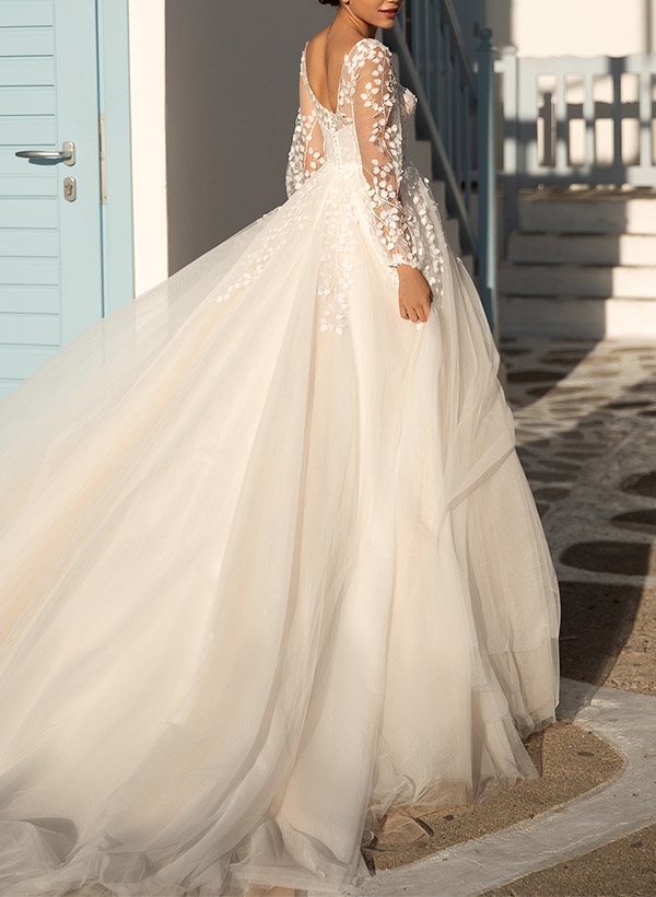 A-Line V-Neck Long Sleeves Tulle Wedding Dresses With Appliques Lace