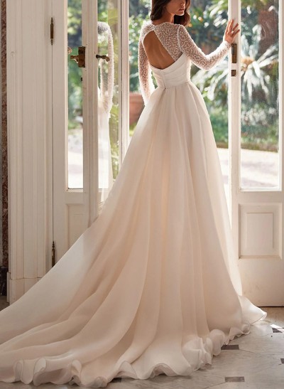 A-Line Square Neckline Long Sleeves Chiffon Wedding Dresses With High Split