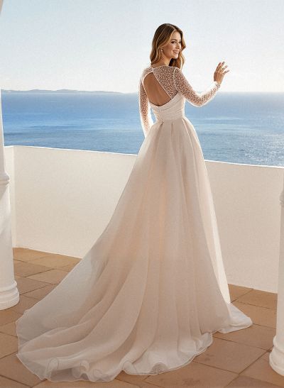 A-Line Square Neckline Long Sleeves Chiffon Wedding Dresses With High Split