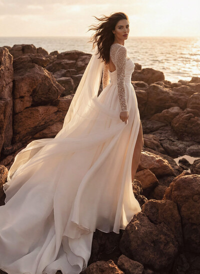 A-Line Square Neckline Long Sleeves Chiffon Wedding Dresses With High Split