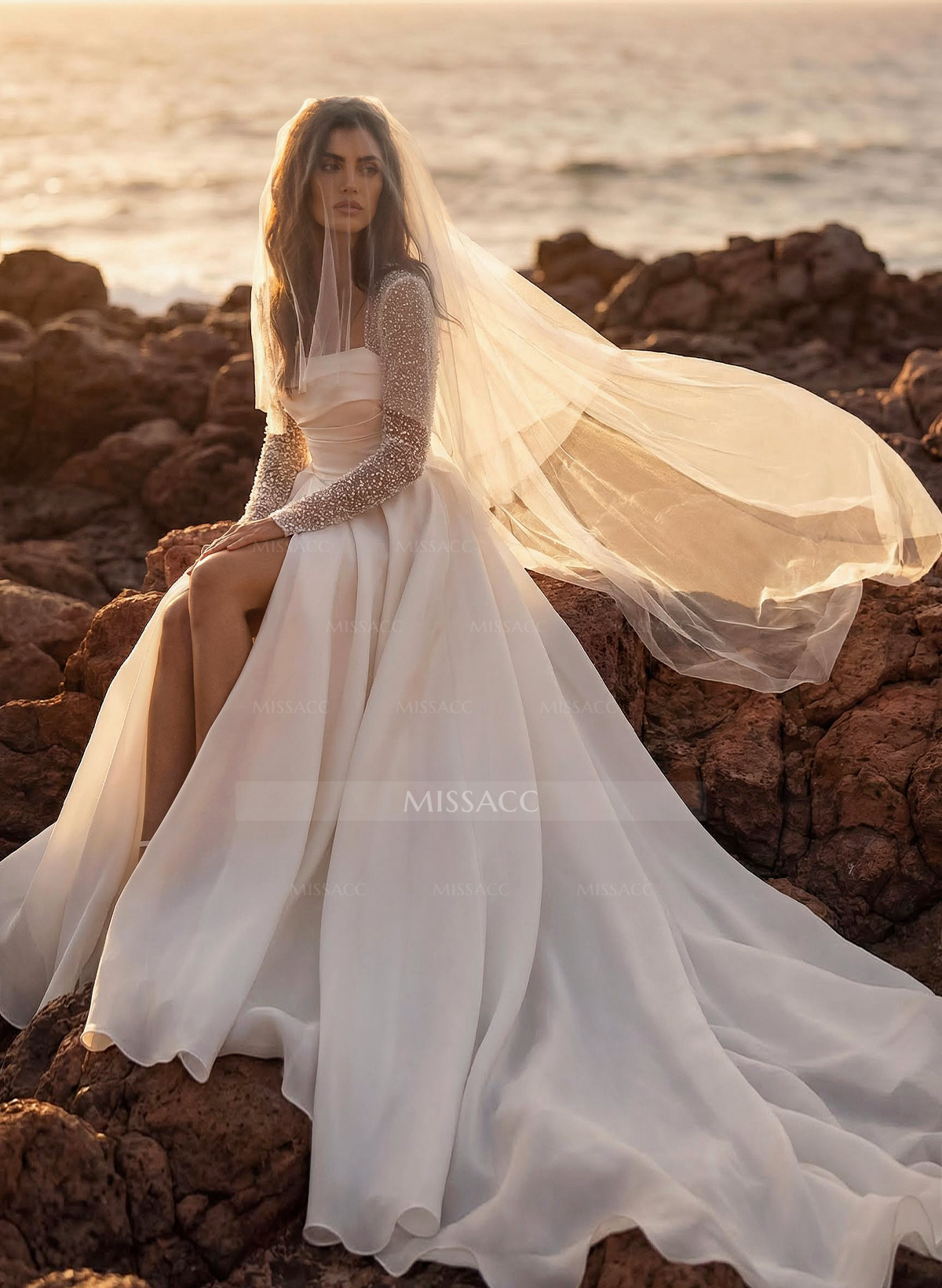 A-Line Square Neckline Long Sleeves Chiffon Wedding Dresses With High Split