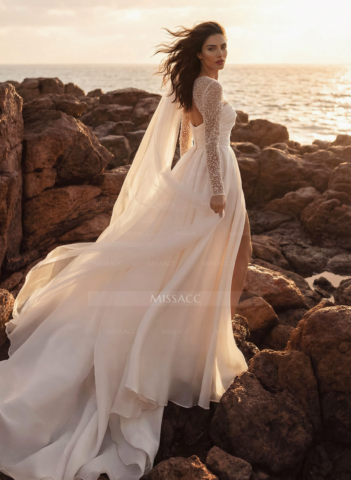 A-Line Square Neckline Long Sleeves Chiffon Wedding Dresses With High Split
