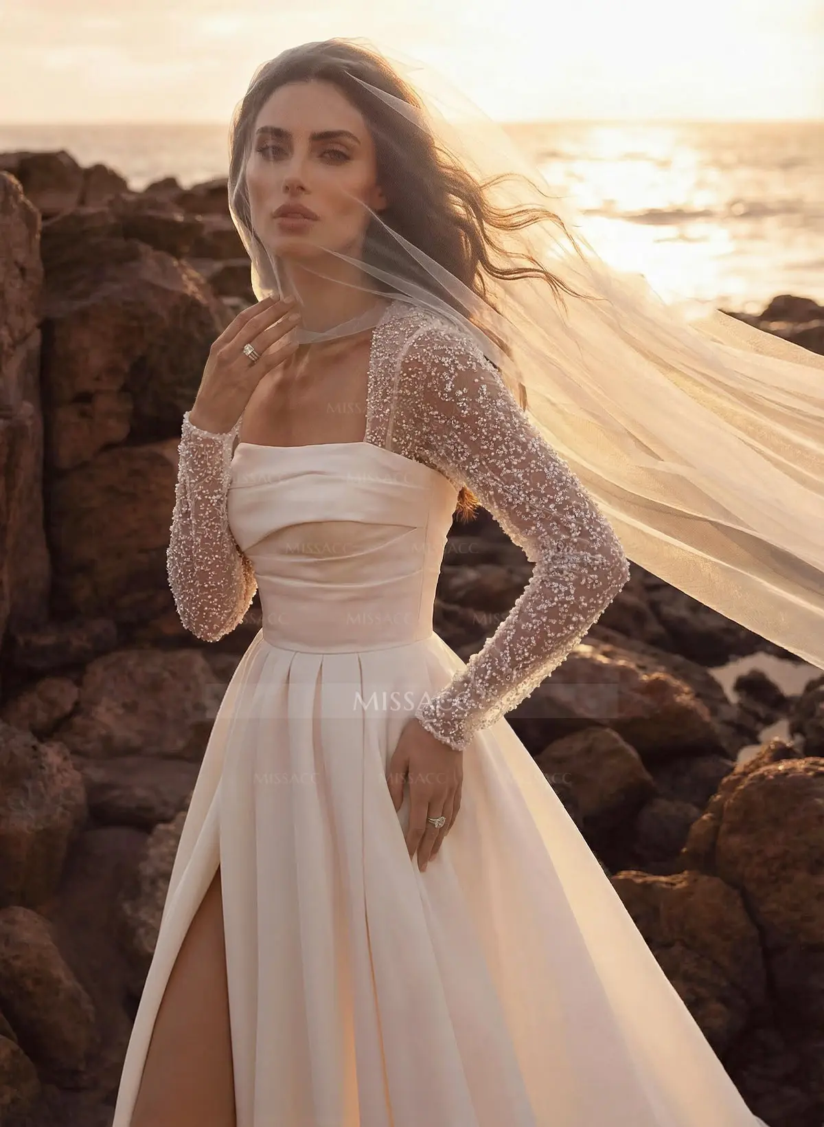 Missacc Ivory Bride A-Line Square Neckline Long Sleeves Chiffon Wedding Dresses With High Split
