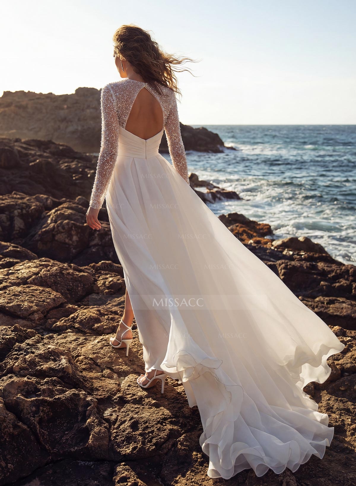 A-Line Square Neckline Long Sleeves Chiffon Wedding Dresses With High Split